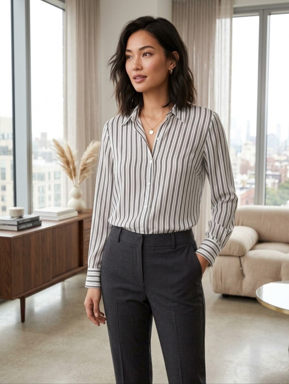 Zac & Rachel White Shirt with Black Vertical Stripes
